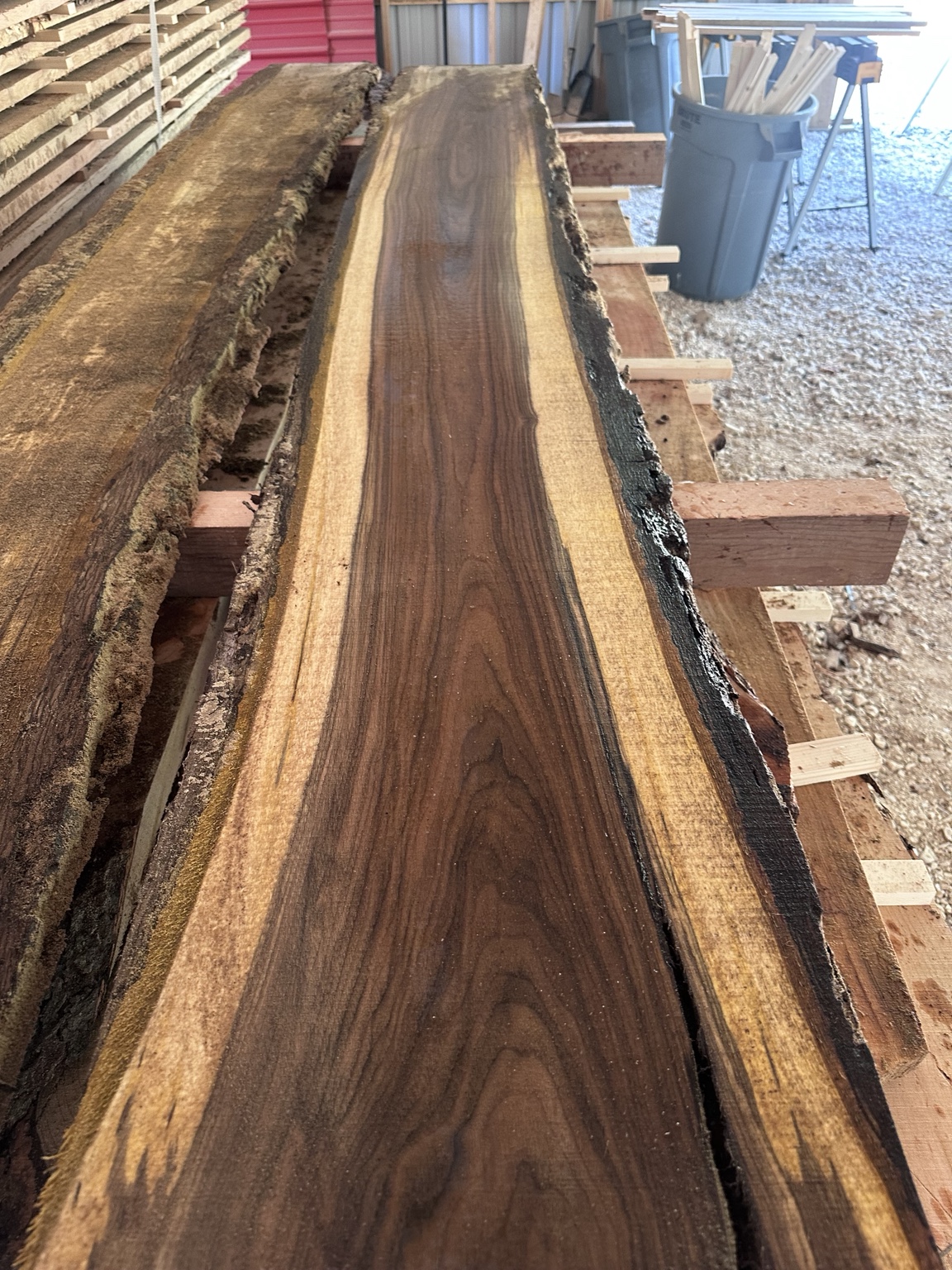Freshly milled Rainy Creek black walnut with dark heartwood and pale sapwood